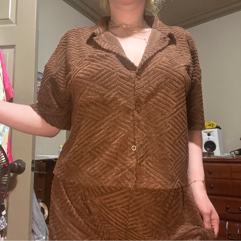 Brown Boxy Short Sleeve Button Down Shirt